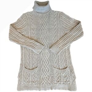 Jeanne Pierre Women L Gray Cable Knit Turtleneck Sweater Fisherman Chunky Cotton